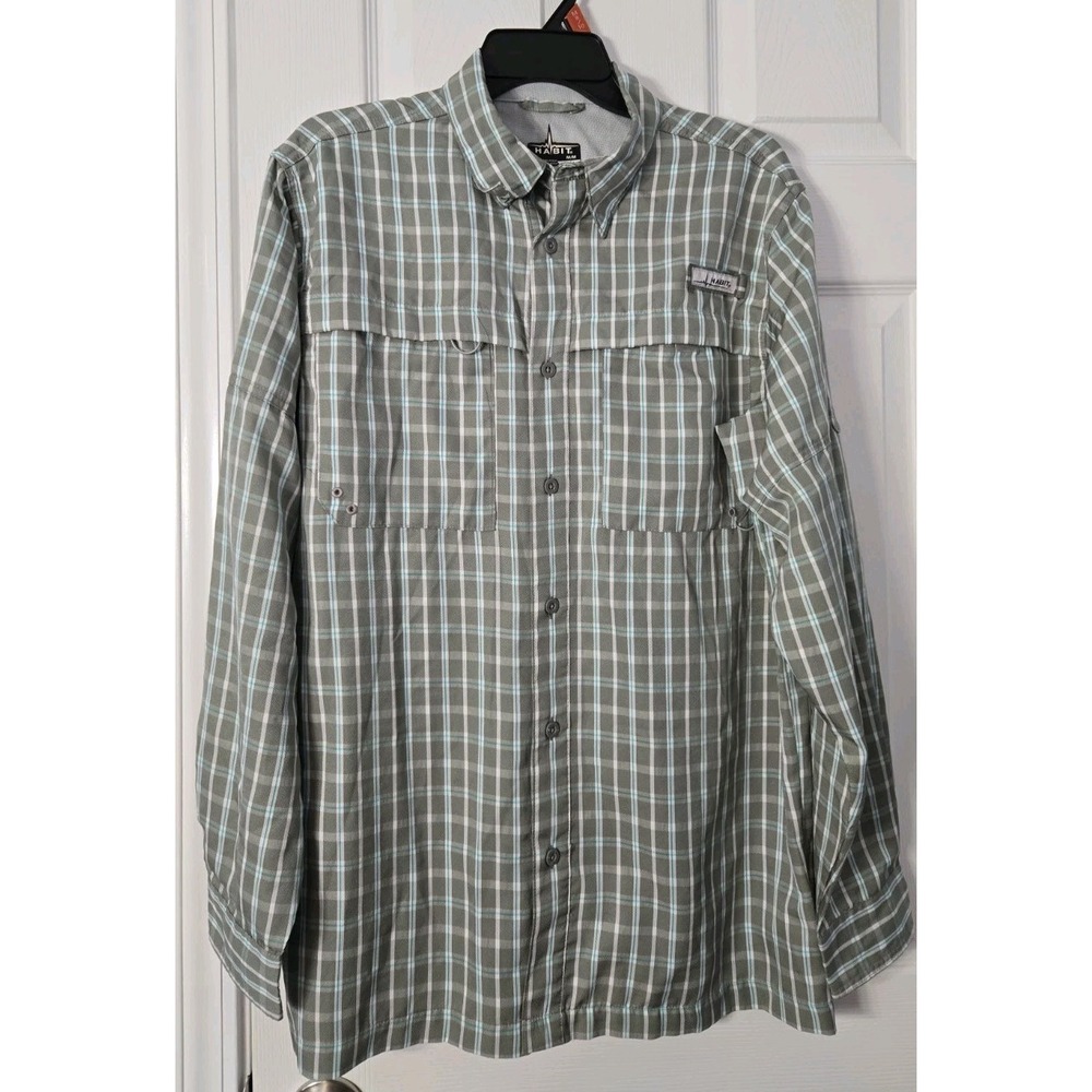 Habit Mens Long Sleeve Shirt Size Medium Plaid, Tan & White
